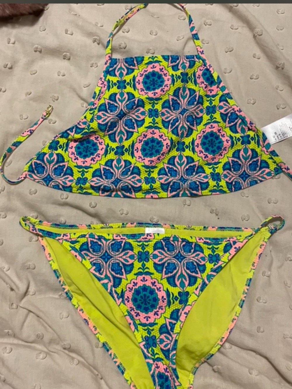 Topshop High Neck Neon Lime Multicolor Floral Pattern Bikini Set